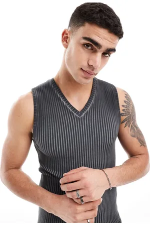 ASOS Muscle fit tank vest in ribbed charcoal oil wash
