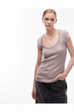 Topshop Rib scoop neck cap sleeve tee in washed rose