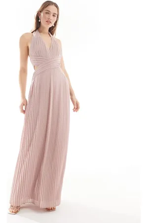 TFNC Bridesmaid chiffon halter neck pleated maxi dress in soft