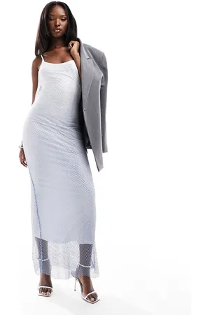 Rare Fashion London Premium strappy ombre diamante midi dress in white and blue
