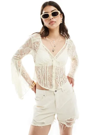 Miss Selfridge Western lace flared sleeve button through blouse in cream