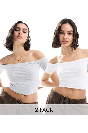 Miss Selfridge Short sleeve rib top two pack in white and grey marl