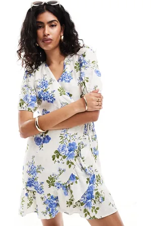 & OTHER STORIES Linen mini dress with wrap front and puff sleeves in floral print