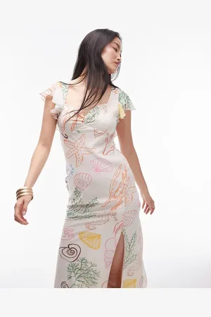 Topshop Flutter sleeve occasion midi dress in sea shore print