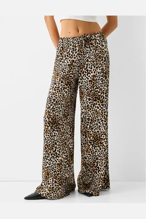 Bershka Tie waist wide leg trousers in leopard print
