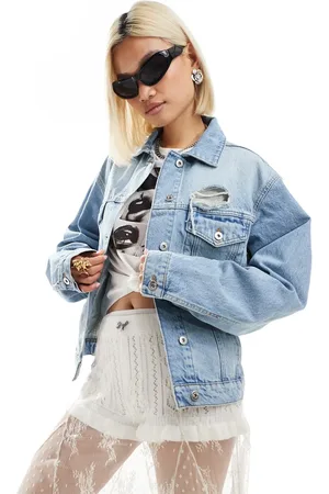 COLLUSION Co-ord denim trucker jacket with rips in lightwash