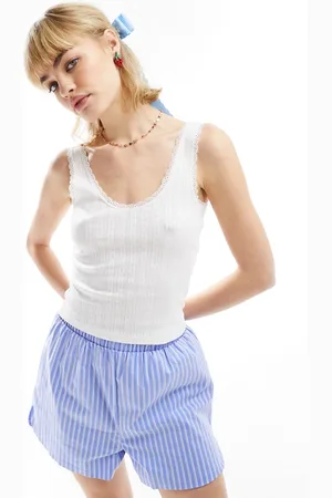 Monki Pointelle scoop neck vest top with lace trim in off
