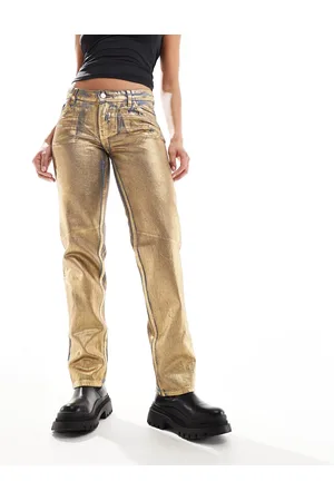 Monki Moop low rise straight leg jeans in wash with gold foil