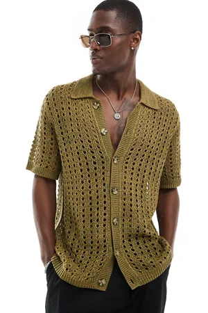 ASOS Relaxed knitted pointelle button through polo in khaki