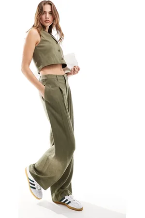 Miss Selfridge Linen blend tailored wide leg trouser in khaki
