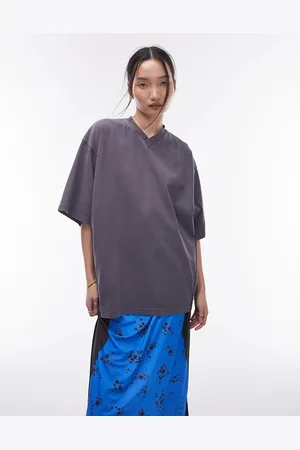 Topshop Acid wash v neck oversized tee in charcoal