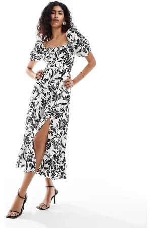 & OTHER STORIES Linen puff sleeve midaxi dress with split in black and white botanical print