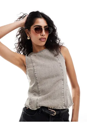 Pull&Bear Denim halter neck top in washed stone