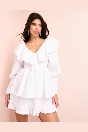 ASOS Denim ruffle plunge tiered mini dress with diamante buttons in