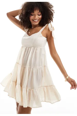 VERO MODA Tie shoulder tiered beach mini dress in cream