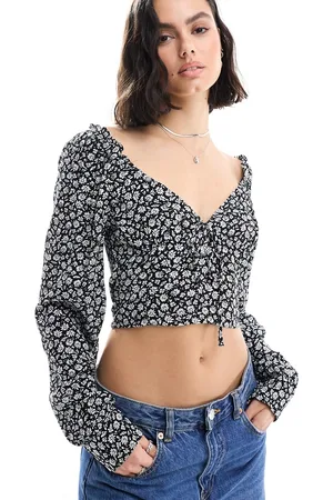 Pimkie Sweetheart neckline tie detail blouse in black floral