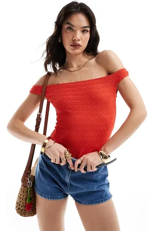 Bershka Bardot crinkle bodysuit in