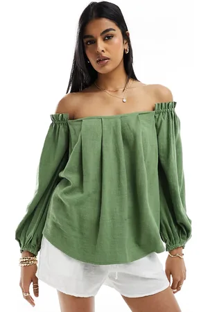 ASOS Linen look off shoulder pleated top in khaki