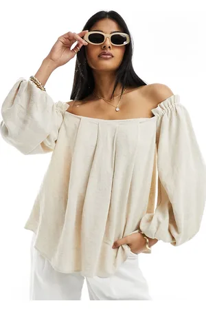 ASOS Linen look off shoulder pleated top in natural