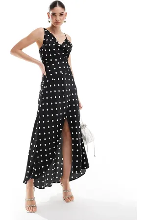 ASOS Satin cowl midaxi dress with cut out waist and graduated hem in polka dot