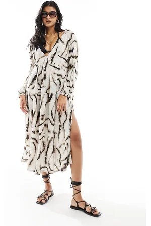 Iisla & Bird Isla & Bird tie dye long sleeve maxi beach dress in cream
