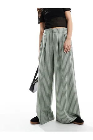 ASOS Wide leg trouser with pleat detail in sage stripe