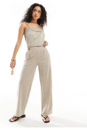 JDY High waisted crop wide fit trousers co-ord in beige