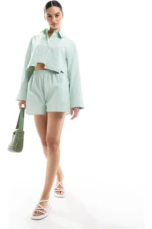 Miss Selfridge Poplin boxer shorts in sage stripe co ord