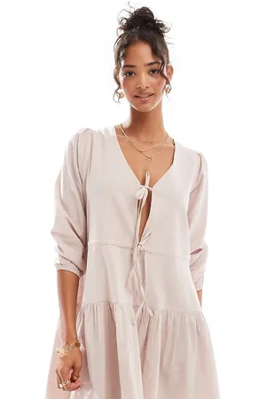 Esmée Esmee linen mix long sleeve tiered mini tie front beach dress oat