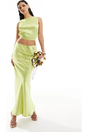Kaiia Satin drawstring maxi skirt co-ord in lime