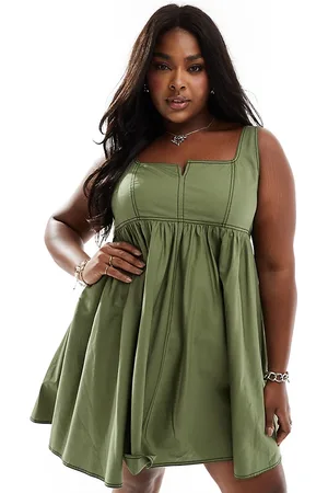 COLLUSION Plus cotton mini smock dress with notch neck in khaki