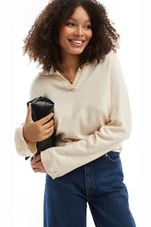 Object V neck knitted polo jumper in cream melange