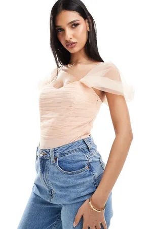 Lace & Beads Tulle bardot bodysuit in blush