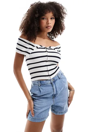 Pull&Bear Zip through bardot top in stripe