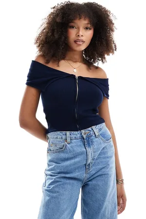 Pull&Bear Zip through bardot top in navy