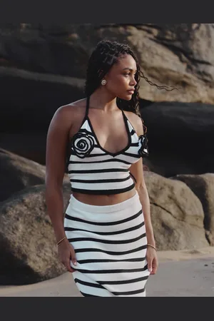 4th & Reckless X Loz Vassallo rico knitted stripe halter rose beach top co-ord in black and white