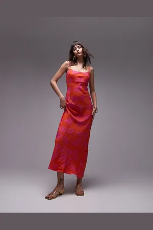 Topshop Premium jacquard midi slip dress in and orange
