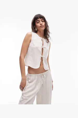 Topshop Co-ord tie front linen waistcoat in beige