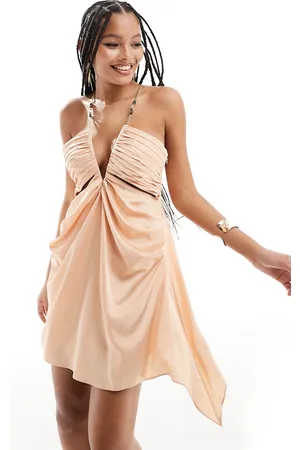 ASOS Plunge draped satin mini dress with gold chain detail in peach