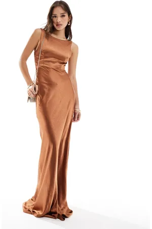 Six Stories Bridesmaid satin cowl back maxi dress in rust