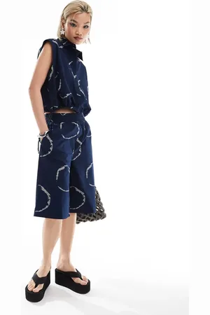 COLLUSION Long line boxer short co ord in blue tie dye print