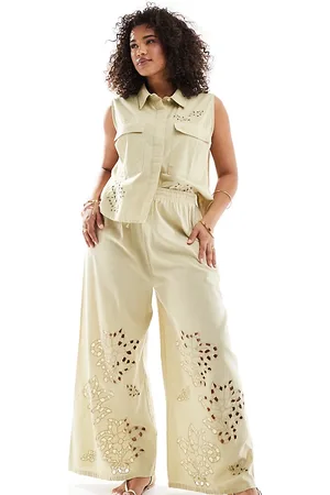 ASOS Curve wide leg trouser with cutwork co-ord in khaki
