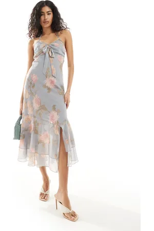 Miss Selfridge Occasion chiffon tie front maxi slip dress in blue vintage floral