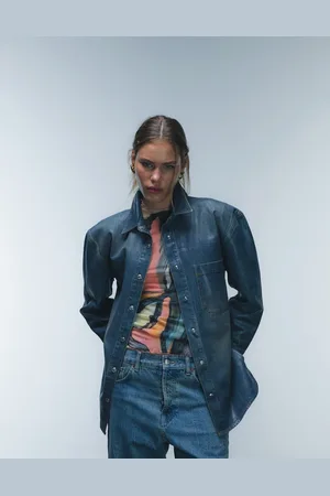 Topshop Denim coated shirt in deep sea wash