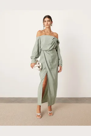 ASOS Twist off shoulder midi dress with cut out detail in sage