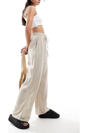 VILA Linen touch tie waist wide leg trouser in stone