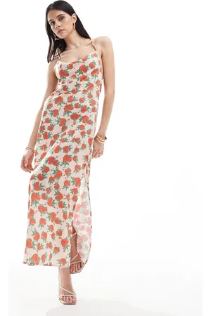 VILA Satin low cowl back cami maxi dress in rose print