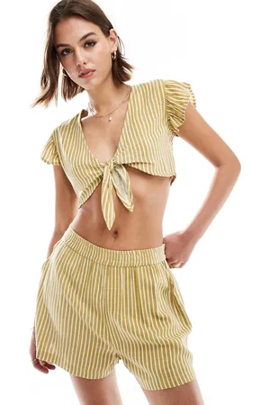 Noisy May Linen mix tie front top co-ord in stripe