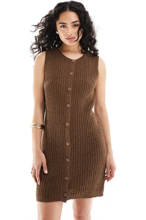 ASOS Knitted button through waistcoat dress in textured stitch in chocolate