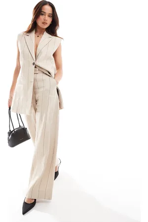& OTHER STORIES Linen wide leg tailored trousers in beige with black pinstripes